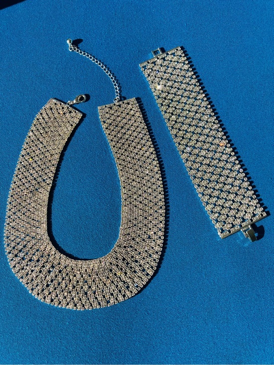 Natasha Jewelry - Silver wide mesh necklace & bracelet set, crystals , elegant, statement piece.
